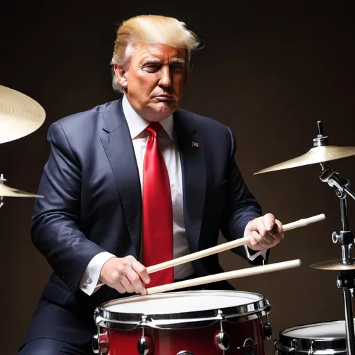 Prompt: imagine a realistic portrait of donald trump in a suit playing drums