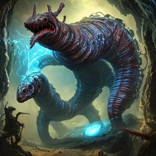 Prompt: a tunnelling worm creature, powerful and destructive as it shapes continents to its desires, kilometres in length and wide in girth. This enormous worm is the stuff of nightmares