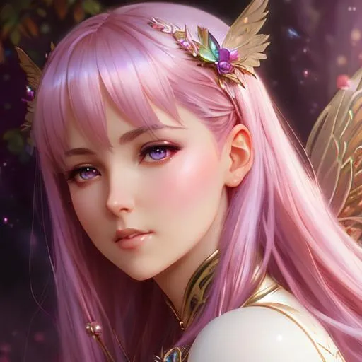 Prompt:     Magical Female Fairy,  rose colored wings, light pink hair purple eyes, perfect features, extremely detailed, realistic. Krenz Cushart + loish +gaston bussiere +craig mullins, j. c. leyendecker +Artgerm, oil painting texture oil painting effect. 