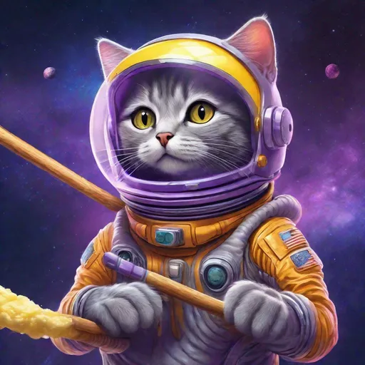 Prompt: Brilliant Striking concept art of a gray cat in a space suit named Ricky. Floating through empty space holding a stick of butter. Exquisite Detail Everything is perfectly to scale, HD, UHD, 8k Resolution, Vibrant Colorful Award winning Image with a purple color scheme