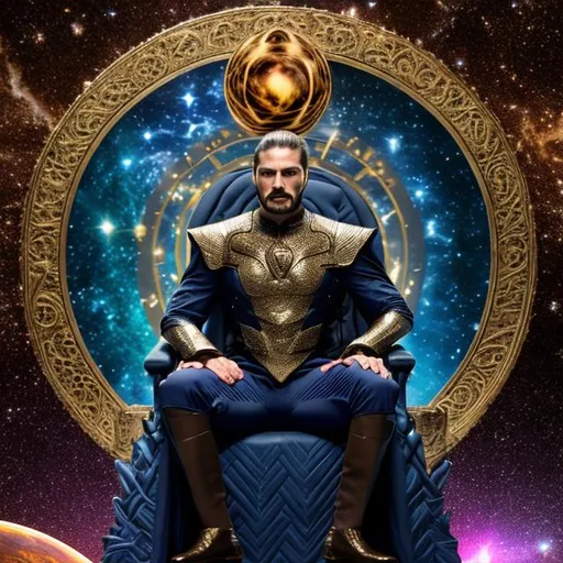 Prompt: a man in a suit on a  throne holding the earth in his palm and the galaxy in the background


 
