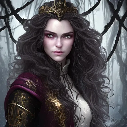 Prompt: A older princess with dark burgandy hair. Both her eyes are yellow. Her hair is wavy. She is surrounded by a black miasma. She is wearing a assassin's robe. She looks like Keira Knightly. 