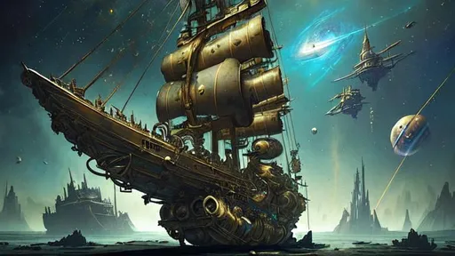 Prompt: small, steampunk spaceschooner, fantasy based, a lot of gears, springs, wheels, details made, colors rusty, brass, gold, blue, worn out, big gravity wheels, space-pirates vessel, very worn out, big glass windows and glass bubbles, massive thrusters, intricate details, flying in space, aggressive design, octane render, vivid colours, backround planets, stars, unreal engine 5, SLR, ray tracing, 8k UktraHD, octane render