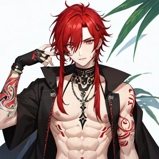 Prompt: Zerif 1male (Red hair covering his right eye) with tattoos

