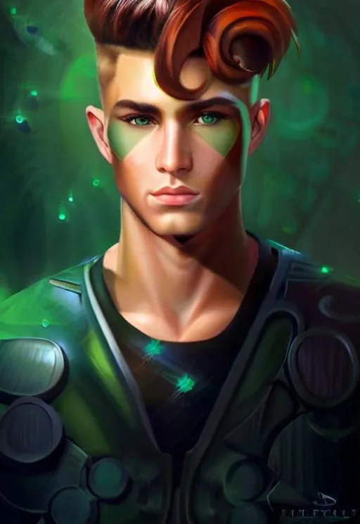 Prompt: Young man, rolled Mohawk auburn hair, side shaved, slightly tanned, green eyes, mischievous, dark fractals, heroine, oil painting, portrait, intricate complexity, rule of thirds, Hyperrealist, splash art, concept art, mid shot, intricately detailed, color depth, dramatic, 2/3 face angle, side light, colorful background intricate details, HDR, beautifully shot, hyperrealist, sharp focus, 64 megapixels, perfect composition, high contrast, cinematic, atmospheric, moody,  Epic cinematic brilliant stunning intricate meticulously detailed dramatic atmospheric maximalist digital matte painting

