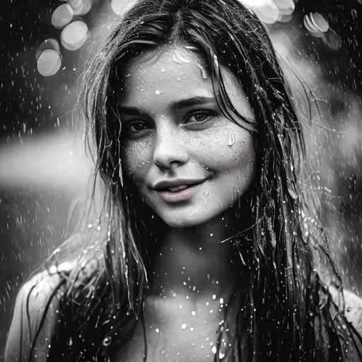 Prompt: womans face with wet hair in portrait and bokeh in black and white