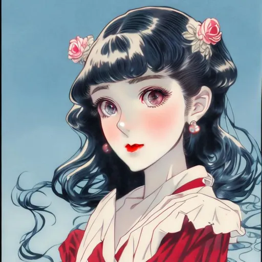 Prompt: girl with long curly black hair, pale skin, light blue eyes, red lips in vintage shojo anime artstyle 