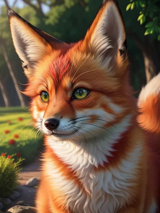 Prompt: masterpiece, professional oil painting, hyper real, photo realism, 64k, best quality, tiny scarlet ((fox kit)), (canine quadruped), fire elemental, silky golden-red fur, highly detailed fur, realistic, timid, ((insanely detailed alert emerald green eyes, sharp focus eyes)), sharp details, gorgeous 8k eyes, insanely beautiful, extremely beautiful, fluffy glistening gold neck ruff, energetic, two tails, (plump), fluffy chest, enchanted, magical, finely detailed fur, hyper detailed fur, (soft silky insanely detailed fur), presenting magical jewel, beaming sunlight, lying in flowery meadow, professional, symmetric, golden ratio, unreal engine, depth, volumetric lighting, rich oil medium, (brilliant dawn), full body focus, beautifully detailed background, cinematic, 64K, UHD, intricate detail, high quality, high detail, masterpiece, intricate facial detail, high quality, detailed face, intricate quality, intricate eye detail, highly detailed, high resolution scan, intricate detailed, highly detailed face, very detailed, high resolution