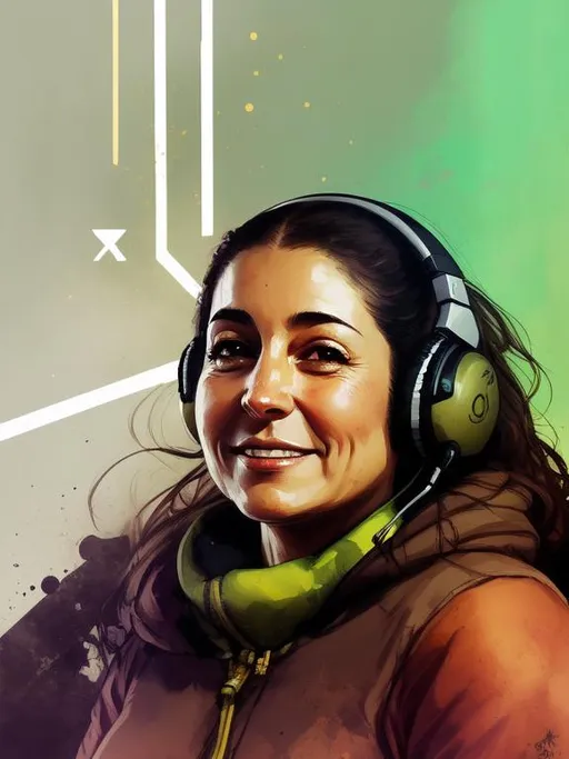 Prompt: similar to image, 47-year old female gamer with brown eyes and hair, light olive skin, hispanic, headset, elf ears, thick body, smiling slightly, peace sign