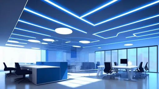 Prompt: Office interior, tech-like features, dramatically futuristic, dark blue and white colour scheme, the right side of the office should be completely dark.