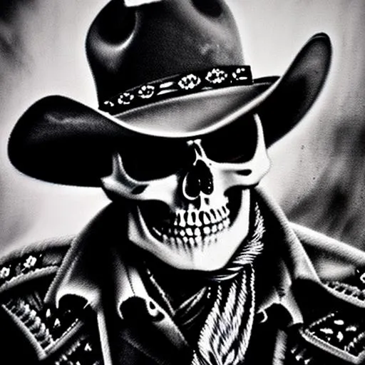 Prompt: Overdetailed Photorealistic Portrait of a Blackened Skeleton Dead Cowboy, Detailed skull Face, White Wispy hair Detailed Hands, Splatters of blood on Duster, Intricately Detailed, Award Winning, Photograph, Film Quality, Photorealistic