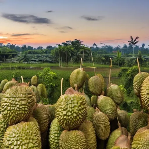 Prompt: landscape of a durian farm in the evening