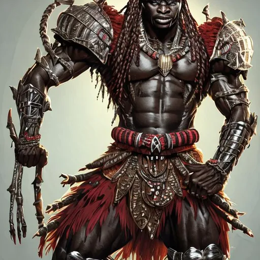 Prompt: Hyper detailed Full body portrait of handsome, muscular African Zulu Warrior Vampire in hyper traditional Zulu warrior dress, long braids. vampire teeth actively::5 Whimsical character design::4 Tags: creative, expressive, detailed, colorful, stylized anatomy, high-quality, digital art, 3D rendering, stylized, unique, award-winning, Adobe Photoshop, 3D Studio Max, V-Ray, playful, fantastical::2 plain background, simple, deformed::-2