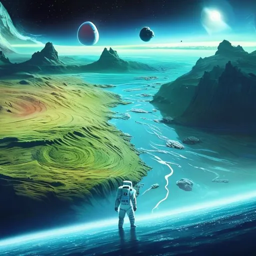 Prompt: Photo-realistic picture of a human astronaut exploring a habitable green planet with a blue river in a different galaxy