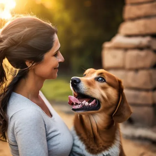 Prompt: a dog barking at a woman