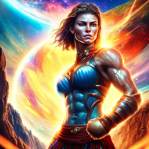 Prompt: photorealistic, beautiful muscled warrior woman, tall, perfectly formed body, beautiful face, short hair, ideal proportions, full body, battling across the universe, fist fighting, stars beneath the skin, epic, exotic energy