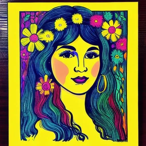 A drawing of a 1960s hippie girl with flowers in her... | OpenArt