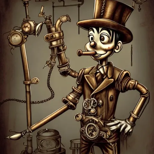 Prompt: puppet Pinocchio steampunk, (mechanic arm),  high resolution, draw, horror