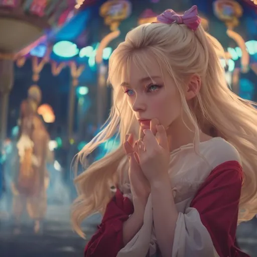 Prompt: Wide shot, cinematic. The subject is a beautiful blonde woman. She is trapped in an amusement park looking for her daughter. A demon is holding the subject down so that she can’t breathe.