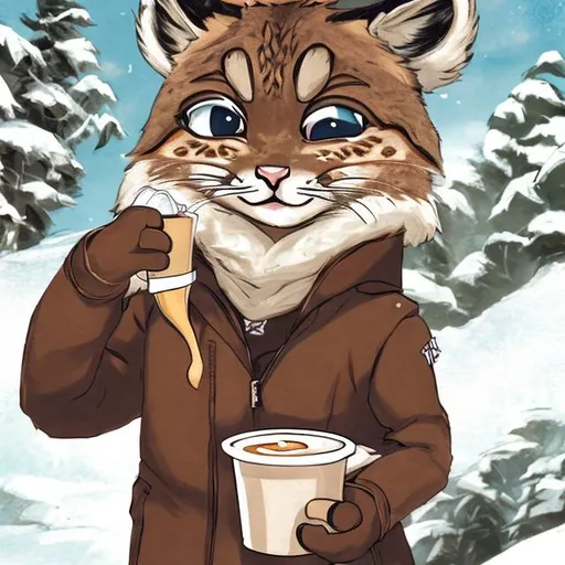 Prompt: anime bobcat holding coffee