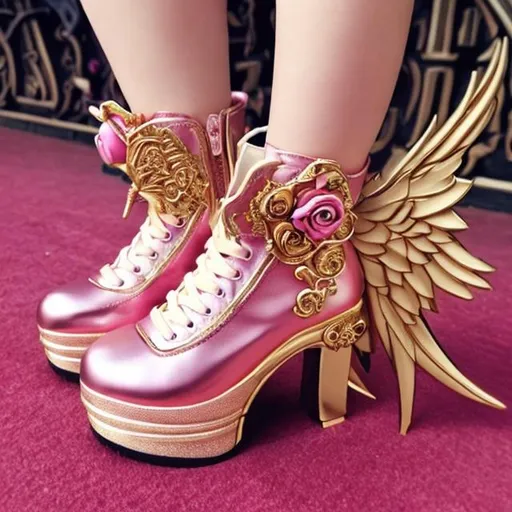 Prompt: magical girl shoes, pink and gold. practical, ornate, cute, roses on the shoe, platform, game of thrones-esque