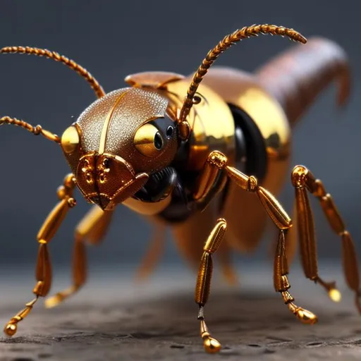 Prompt: 4k, hyperrealistic, 3d, detailed, gold mecha, image of an ant 
