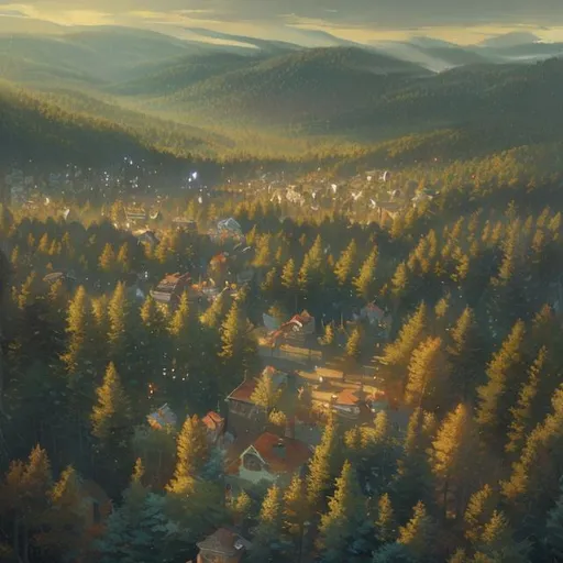Prompt: bird's eye view of a beautiful painting of a small, sleepy New England town by surrounded by pine forest by greg rutkowski, trending on artstation
