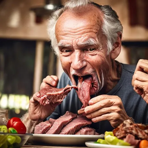 Prompt: A skinny old man eating meat like a madman with a subtle tear in one eye 