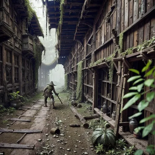 Prompt: dirty, eerie goblins, ragged cloak, belts and pouches, spear,  mossy, decaying, rusty and worn,  intricate detail,  old apocalyptic city wasteland overgrown by oppressive huge forest, vines, plants and roots growing, cracking through walls, 3d render,  high detail, dont show cars,