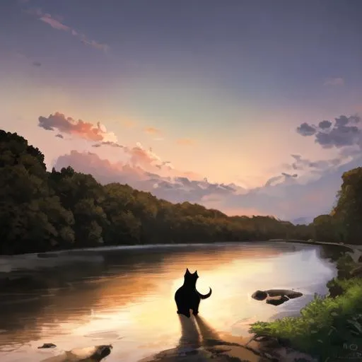 Prompt: A wide shot or a Black and ginger cat, sitting by the river, watching the sunset, 8k, Detailed, Vivid colors, Artstation, Drawing