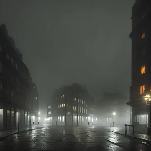 Prompt: A maze of buildings in gloomy light with mist drifting around, illuminated by street lights.