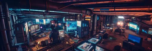 Prompt: Underground Gaming LAN Birdseye view cyberpunk, cosy