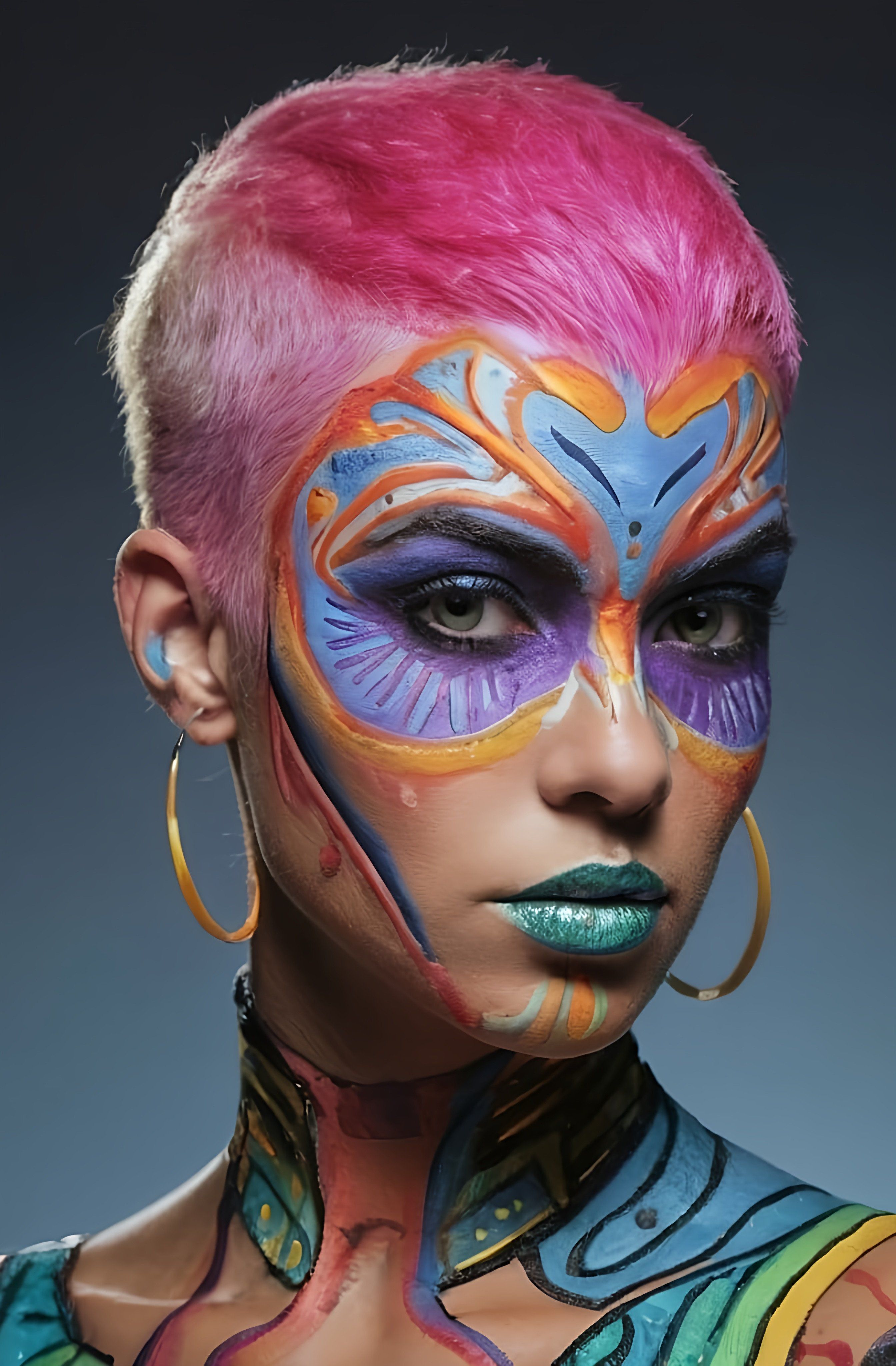 Prompt: a woman with a face painted with colorful paint and piercings on her ears and chest, with a pink hair and blue eyes