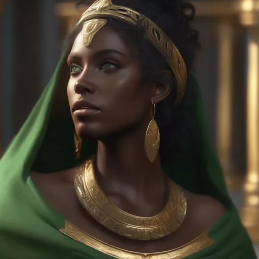Prompt: greek goddess, black hair, dark skin, green eyes, lots of details, gold and brass, photorealistic, hyperrealistic, unreal engine, radiant colors