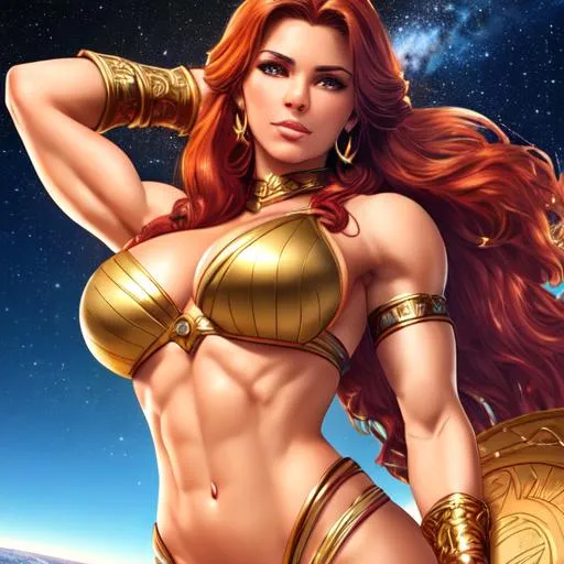 Prompt: Realistic character portrait. Lean fit. Amazon warrior. Greek Goddess, beauty. Seductive, Witty, Flirty, Cocky, Charming. Venus, Aphrodite, Charites, Kale. Cute. Most Beautiful Woman in the Universe. Strong, muscled body. From top to bottom full shot. A detailed face, and space opera setting. Perfect composition, hyperrealistic, super detailed, high quality.