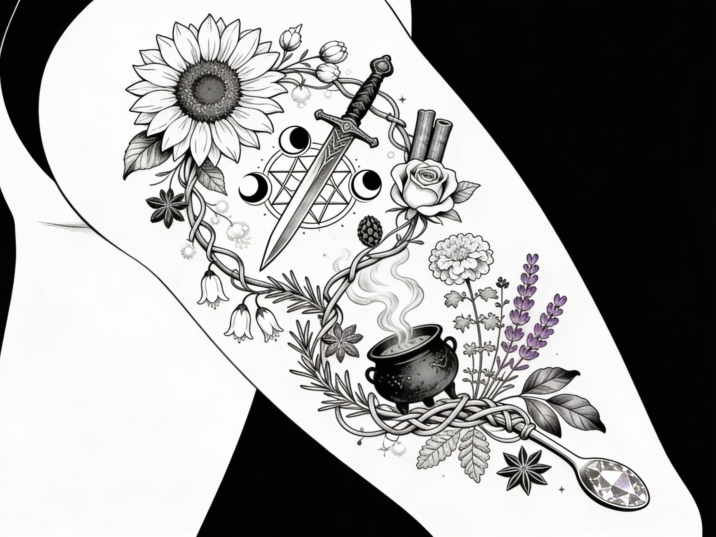 Intricate black ink line-work tattoo design flowing...