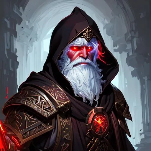 Prompt: magic gnome warforged construct warrior artificer greek red war runes war apostle tabard black hooded cloak runic, glowing eyes, intricate, elegant, highly detailed, digital painting, artstation, concept art, smooth, sharp focus, illustration, art by artgerm and greg rutkowski and alphonse mucha and loish and wlop dungeons and dragons dark fantasy evil theme dark colors