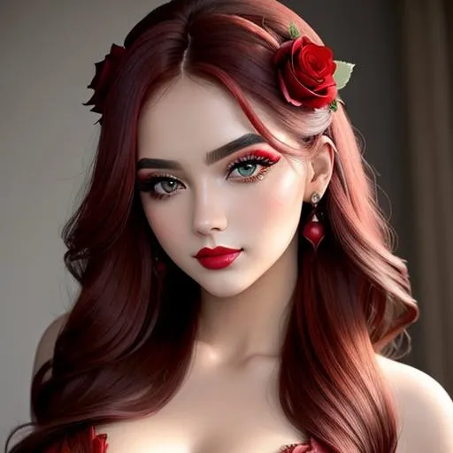 Prompt: Beauty, Beautiful and Gorgeous red roses in hair, pretty makeup, facial closeup