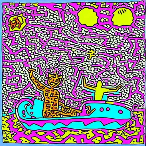 Prompt: psychedelic picture of man on a small boat on a lake in the style of keith haring
