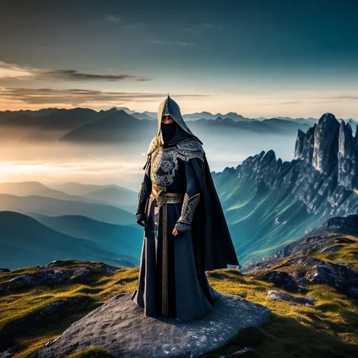 Prompt: dark elven knight standing on a mountain with a view of a medieval kingdom in the background