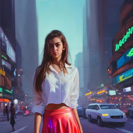 Prompt:  Oil painting of a beautiful Young woman wearing a see through white shirt above navel, skirt stopping above knees, walking toward me, in a city at night, bright neon lights,