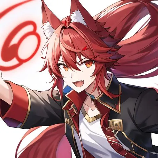 Prompt: Zerif male(Red side-swept hair covering his right eye) wolf ears, wolf tail, HD, 8K, open mouth, fangs