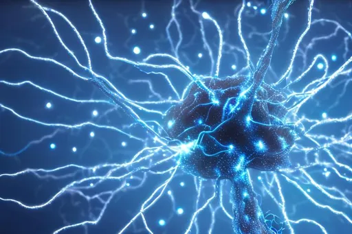 Prompt: a neuron firing, photorealistic, ultra realistic, 4k photography, dark background, underwater caustic light, and light particles, some blue lights particles, and tiny strings