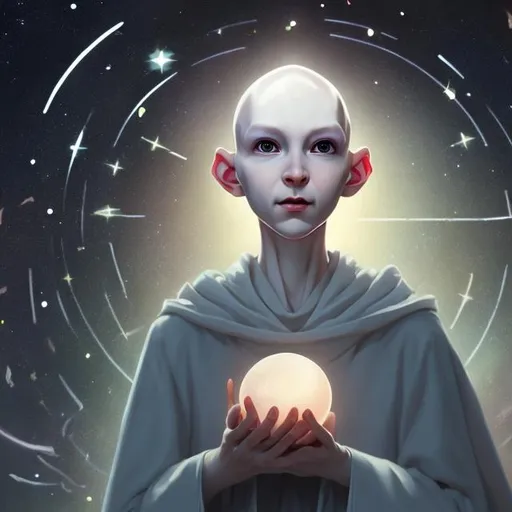 Prompt: androgynous, benevolent, innocent, ALIEN femme, pale skin, bald, soft expression, holding an orb, wearing cloak, surrounded by stars