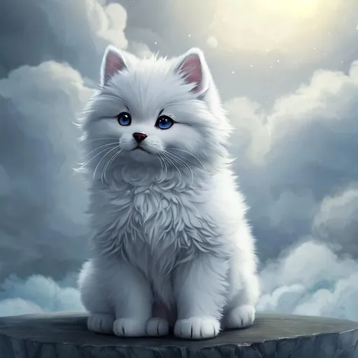 Prompt: Cute, very, very, light gray, fluffy, fantasy light puppy, with cloudy, white eyes, very, light, light, gray fur, and possessing the element of air and making circles of clouds and air move around in the air in a magical way, in a space background. Perfect features, extremely detailed, realistic. Krenz Cushart + loish +gaston bussiere +craig mullins, j. c. leyendecker +Artgerm.