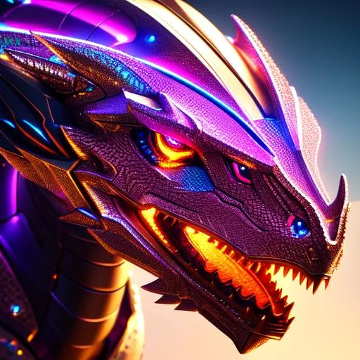 headshot of a robotic dragon, shiny, reflective, per...