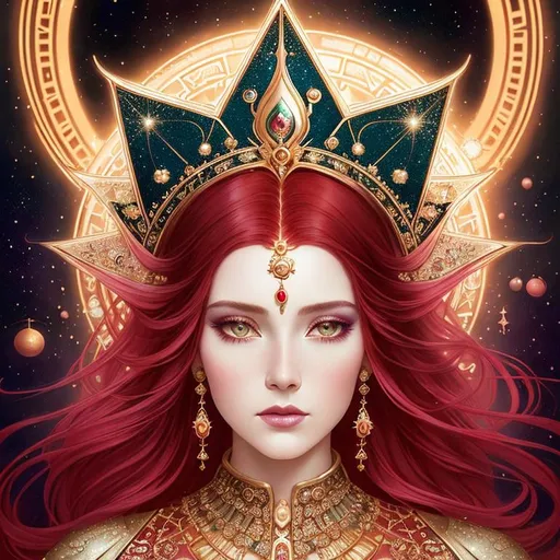 Prompt: a close up portrait of An intergalactic beautiful empress, beautiful symmetrical face, silky gradient red hair hair, golden eyes, wearing a exquisite sculptural gown with delicate intricate details, shimmer, glow. Art by  tom bagshaw, Victo Ngai, Sherry Akrami,  Anna Dittman, Lucie Bilodeau, Laura Diehl, Paul Delaroche, highly detailed, sharp focus, ethereal, fantastic view, dreamy, Epic, celestial, sparkling, glossy, light emitting,  inner light.