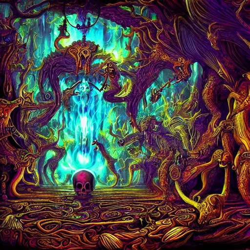 Prompt: DMT Realm, Death, mythical, extreme details, hyperreality, HDR, High Contrast, Photorealism