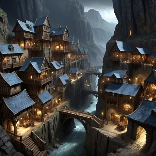 Prompt: Warhammer fantasy RPG town nestled in a deep gorge, omnious sky, dark night, raining, eerie atmosphere, various buildings, mining town, rugged and weathered stone buildings, sprawling marketplace bustling with activity, towering cliffs on either side, dramatic lighting with harsh shadows, gritty and realistic, highres, detailed architecture, bustling marketplace, dramatic lighting, rugged stone buildings, fantasy RPG, gorge setting, sprawling town, weathered structures, dark blue tones