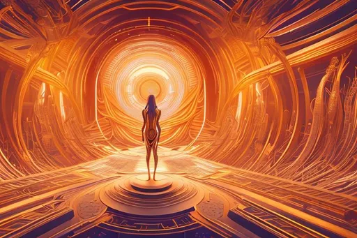 Prompt: a person that is standing in a room, psytrance artwork, white and gold color palette, orange, panfuturism, gold body, vanishing point perspective, the flow of time. complex shapes, hypnotic dimensions, spiraling upward, winning award piece, fulldome	